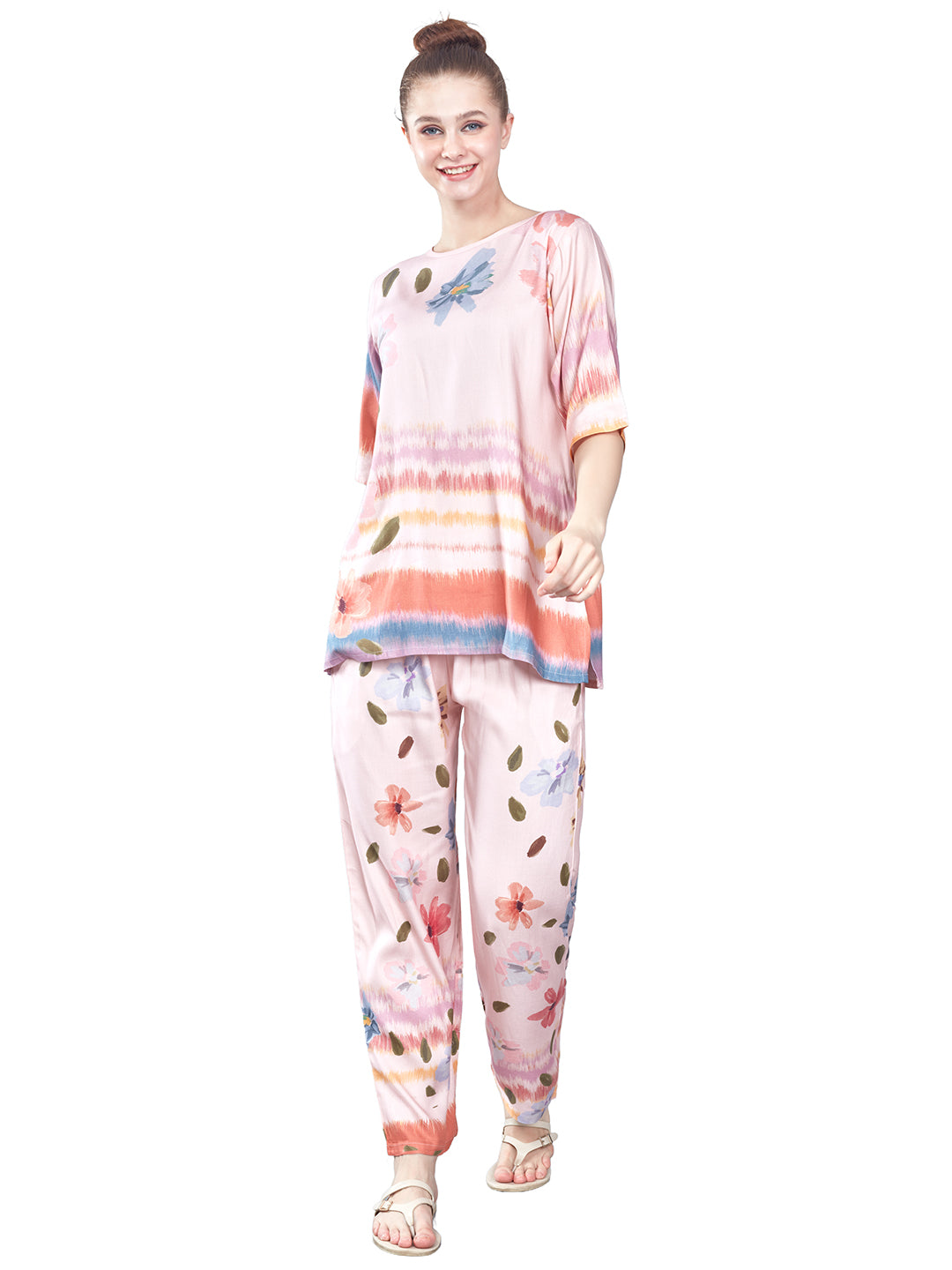 Women's Printed Night Suit with Round Neck Kurti Straight Cut
