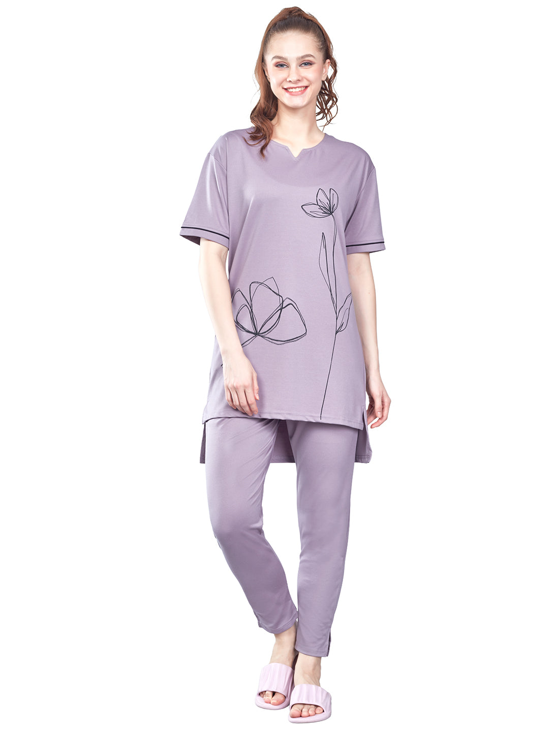 chinese dress ladies Women's Night Suit with Round Split Neck Kurti Top & Straight Fit Pyjama |  Soft & Stylish Sleepwear