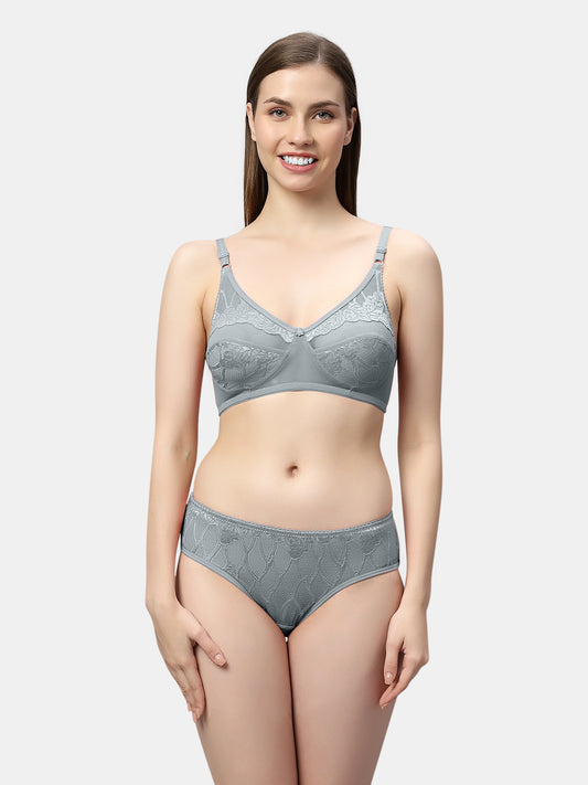 Bridal Non Padded Lingerie Set with Lace | Non Wire Medium Coverage Seamed Cups Bra with Adjustable Straps And Matching Low Rise Panty - Deena