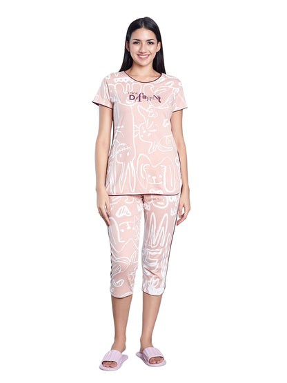 Womens Printed Night Suit, Printed Tee & 3/4th Length Pyjama, Everyday Wear - 10419