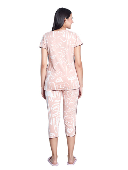 Womens Printed Night Suit, Printed Tee & 3/4th Length Pyjama, Everyday Wear - 10419