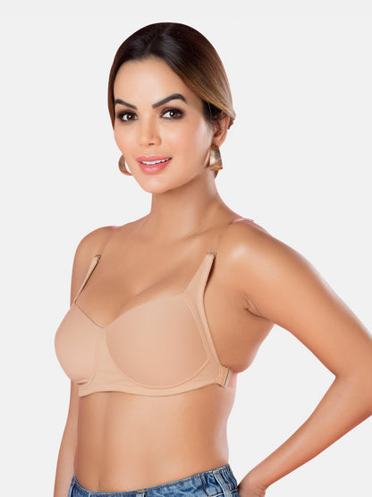 Womens Multiway Backless T-Shirt Bra | Medium Coverage, Padded, Wire Free, Cotton Rich Comfort- Backeye