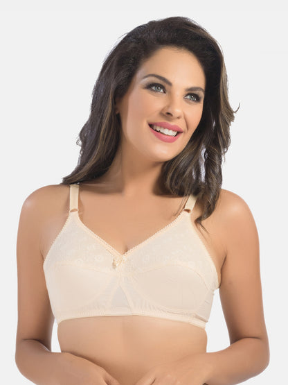 Non-Padded Non-Wired Seamless Cotton Bra with Full Coverage and Adjustable Straps - Cream