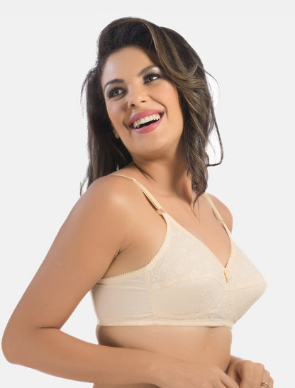 Non-Padded Non-Wired Seamless Cotton Bra with Full Coverage and Adjustable Straps - Cream
