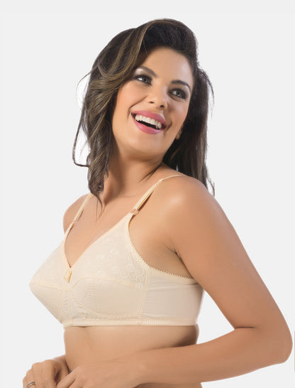 Non-Padded Non-Wired Seamless Cotton Bra with Full Coverage and Adjustable Straps - Cream