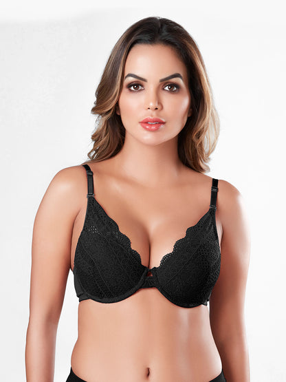 Padded Wired Lace Balconette Romantic Everyday and Special Ocassion Bra with Plunge Neckline and Detachable Straps U Back Hook and Eye Closure - Emily