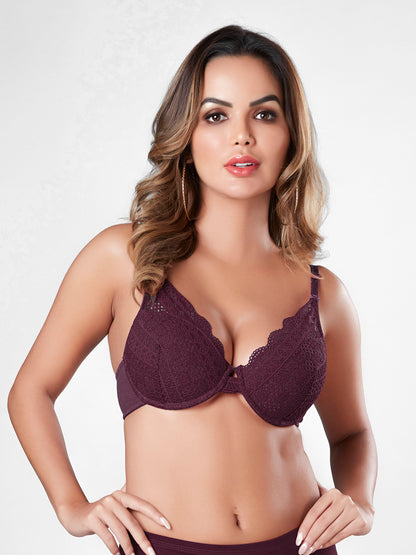 Padded Wired Lace Balconette Romantic Everyday and Special Ocassion Bra with Plunge Neckline and Detachable Straps U Back Hook and Eye Closure - Emily