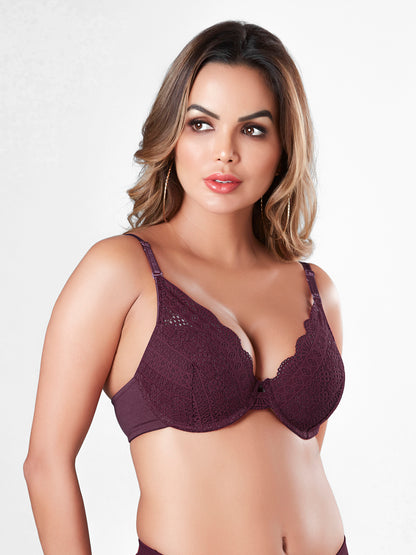 Padded Wired Lace Balconette Romantic Everyday and Special Ocassion Bra with Plunge Neckline and Detachable Straps U Back Hook and Eye Closure - Emily