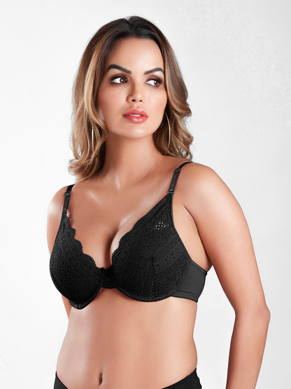 Padded Wired Lace Balconette Romantic Everyday and Special Ocassion Bra with Plunge Neckline and Detachable Straps U Back Hook and Eye Closure - Emily