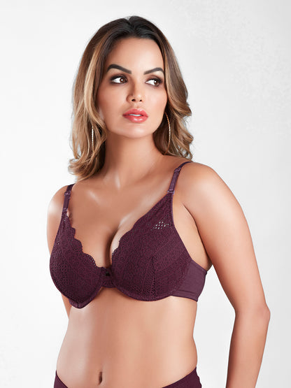 Padded Wired Lace Balconette Romantic Everyday and Special Ocassion Bra with Plunge Neckline and Detachable Straps U Back Hook and Eye Closure - Emily