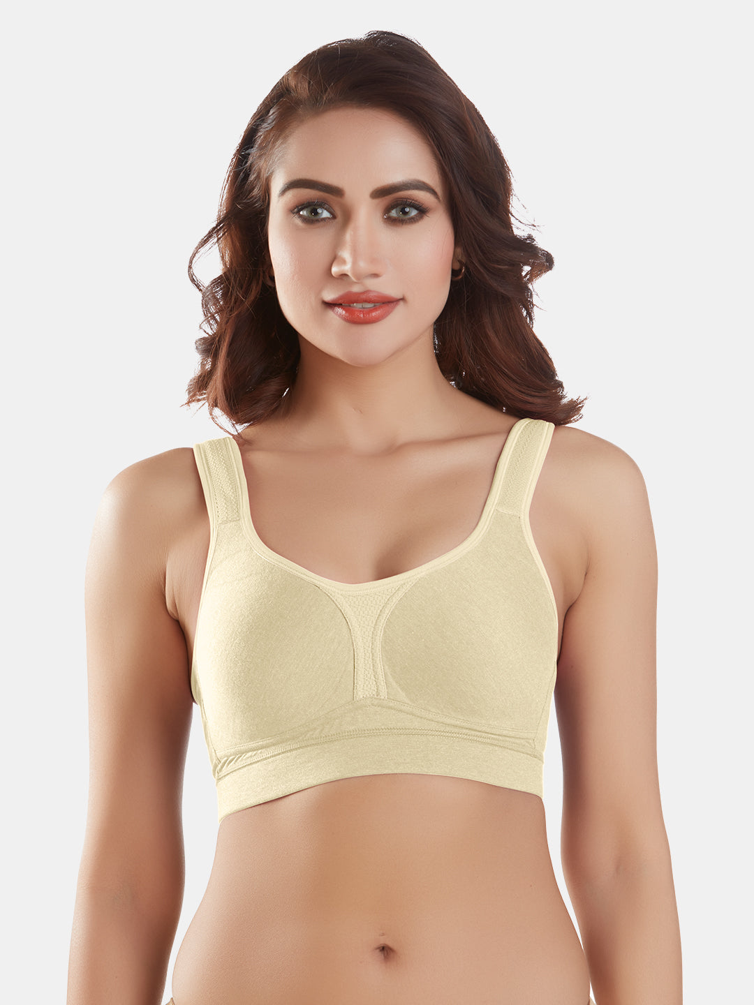 Lightly-Padde-Non-Wired-Sports-Bra-Full-Coverage–Supremo-Beige-Front