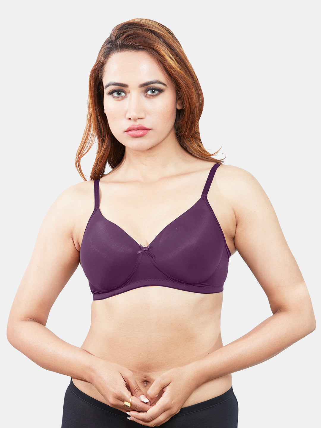 Lightly-Padded-Wirefree-Nylon-Moderate-Coverage-T-Shirt-Bra-with-Adjustable-Straps_Yana-Wine-Front