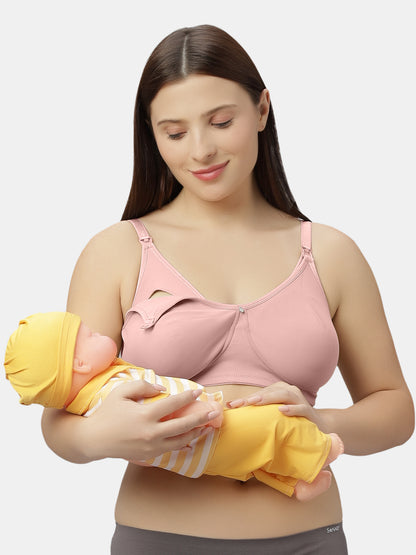 Non Padded Wire free Polyester Spandex Nursing Bra with Full Coverage and Hook Feeding Opening, Adjustable Straps, Broad Wings - Mamma