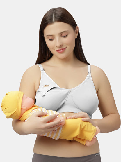 Non Padded Wire free Polyester Spandex Nursing Bra with Full Coverage and Hook Feeding Opening, Adjustable Straps, Broad Wings - Mamma