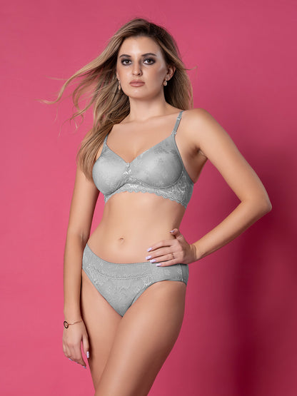 Elegant Lace Lightly Padded Non Wired Bra with Medium Coverage and Detachable Straps and All Lace Low Rise Panty - Momo