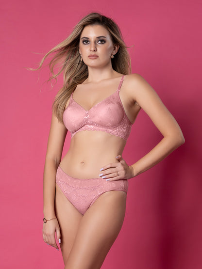 Elegant Lace Lightly Padded Non Wired Bra with Medium Coverage and Detachable Straps and All Lace Low Rise Panty - Momo