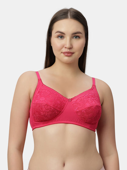 Medium Coverage Nylon Spandex Lace Fashion Bra | Non Padded Seamed Cups Wire Free Adjustable Straps - Nysh