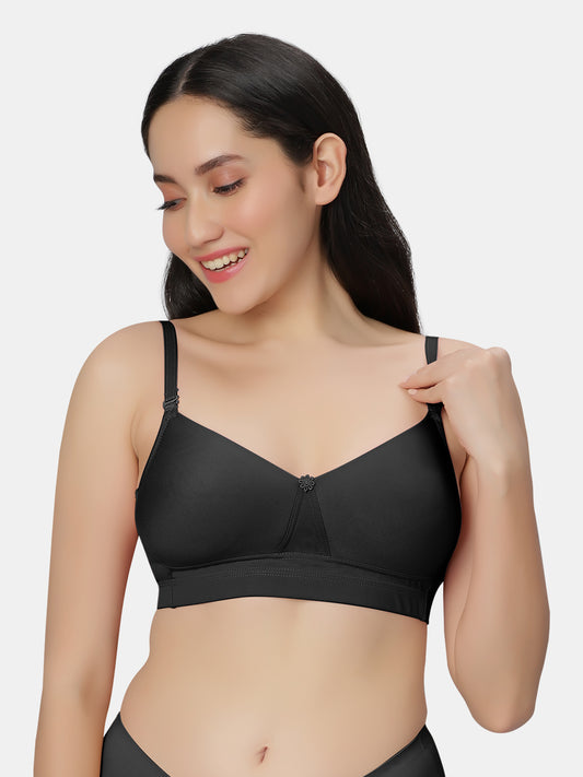 Padded-Non-Wired-T-shirt-Bra-with-Full-Coverage-and-Detachable-Convertible-Straps-in-Polyester-Elastane-Kim-Black-Front