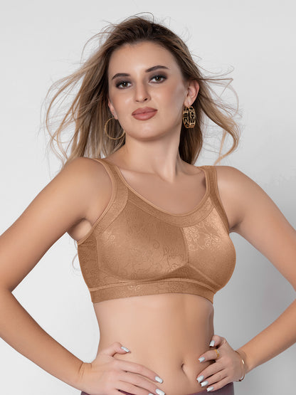Non Padded Full Coverage Wire Free Lace Spacer Everyday Bra with Hook and Eye Closure U Back and Wide Shoulder Straps - Scoop