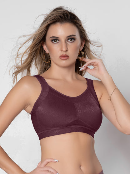 Non Padded Full Coverage Wire Free Lace Spacer Everyday Bra with Hook and Eye Closure U Back and Wide Shoulder Straps - Scoop