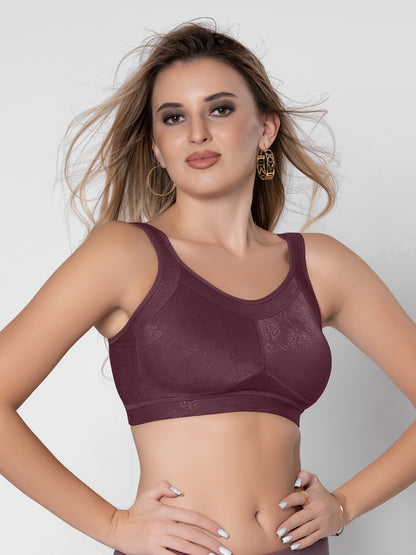 Non Padded Full Coverage Wire Free Lace Spacer Everyday Bra with Hook and Eye Closure U Back and Wide Shoulder Straps - Scoop