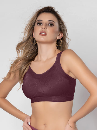 Non Padded Full Coverage Wire Free Lace Spacer Everyday Bra with Hook and Eye Closure U Back and Wide Shoulder Straps - Scoop