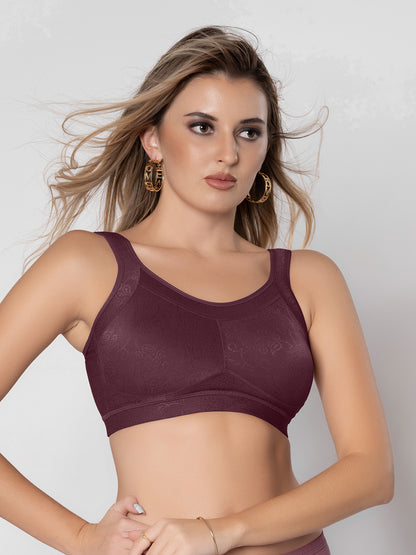 Non Padded Full Coverage Wire Free Lace Spacer Everyday Bra with Hook and Eye Closure U Back and Wide Shoulder Straps - Scoop