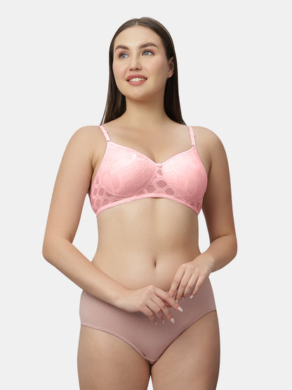 Medium Coverage Thickly Padded Seamless Jacquared Lace Bra | Wire Free Adjustable Straps - Spirit