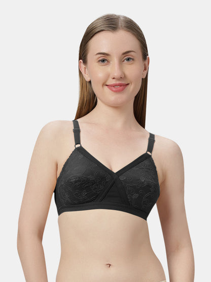 Non Padded Embroidered Cotton Bra WireFree Full Coverage Adjustable Straps Hook and Eye Closure - Unique
