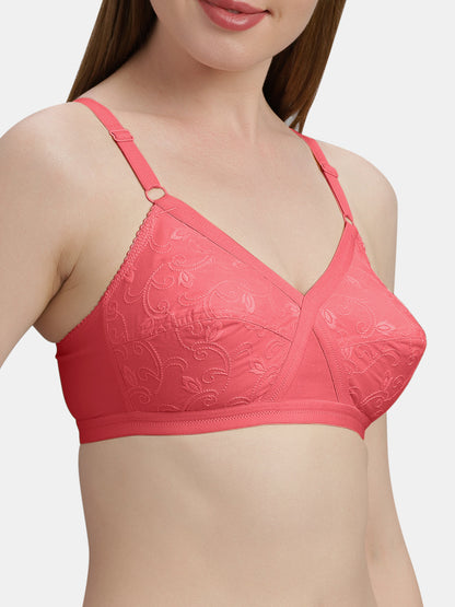 Non Padded Embroidered Cotton Bra WireFree Full Coverage Adjustable Straps Hook and Eye Closure - Unique