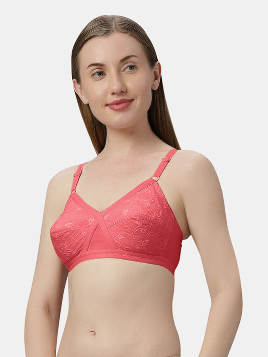 Non Padded Embroidered Cotton Bra WireFree Medium Coverage Adjustable Straps Hook and Eye Closure - Unique