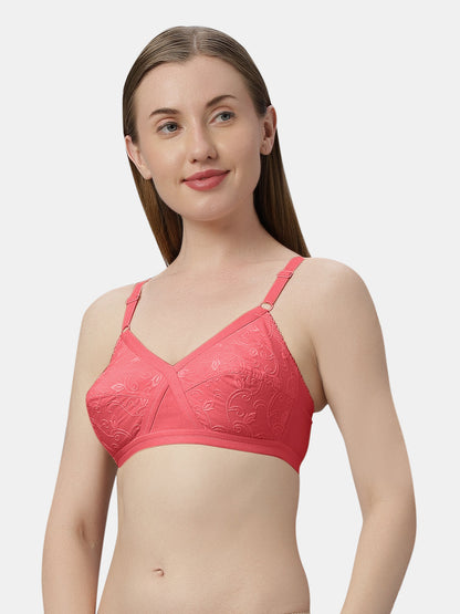 Non Padded Embroidered Cotton Bra WireFree Full Coverage Adjustable Straps Hook and Eye Closure - Unique