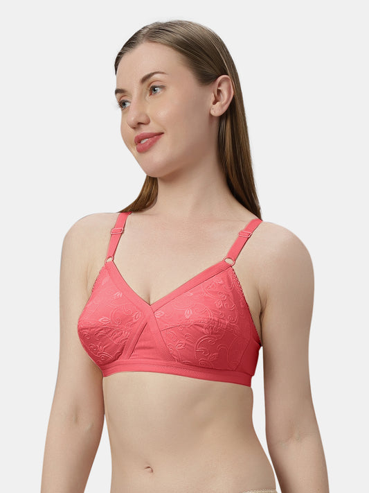 Non Padded Embroidered Cotton Bra WireFree Medium Coverage Adjustable Straps Hook and Eye Closure - Unique