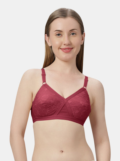 Non Padded Embroidered Cotton Bra WireFree Full Coverage Adjustable Straps Hook and Eye Closure - Unique