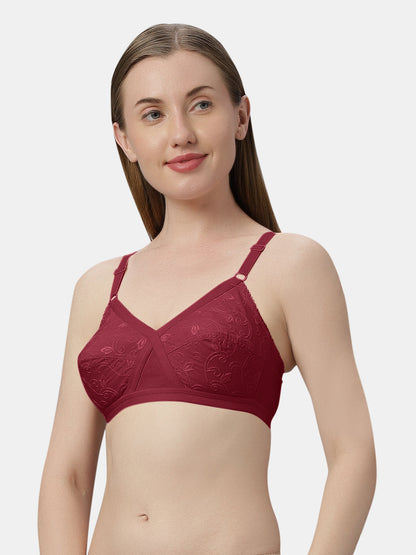 Non Padded Embroidered Cotton Bra WireFree Full Coverage Adjustable Straps Hook and Eye Closure - Unique