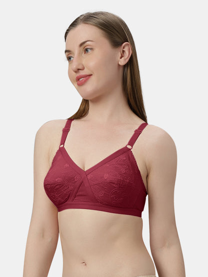 Non Padded Embroidered Cotton Bra WireFree Full Coverage Adjustable Straps Hook and Eye Closure - Unique