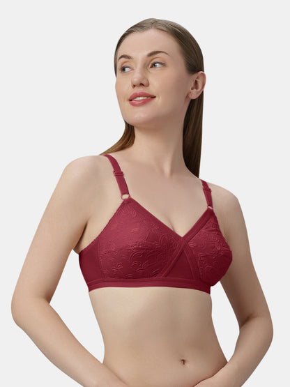 Non Padded Embroidered Cotton Bra WireFree Full Coverage Adjustable Straps Hook and Eye Closure - Unique