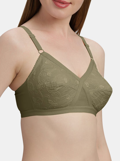 Non Padded Embroidered Cotton Bra WireFree Full Coverage Adjustable Straps Hook and Eye Closure - Unique
