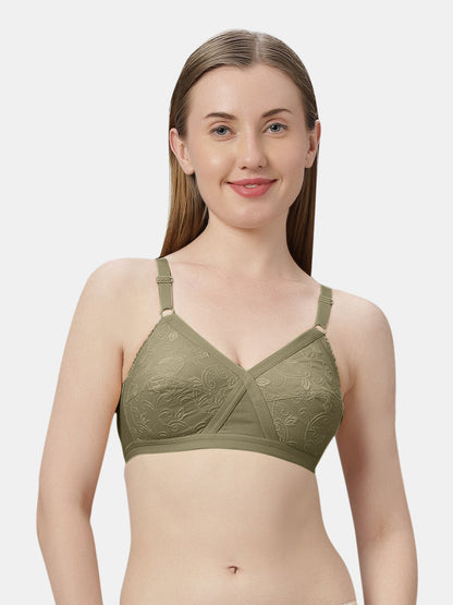 Non Padded Embroidered Cotton Bra WireFree Full Coverage Adjustable Straps Hook and Eye Closure - Unique