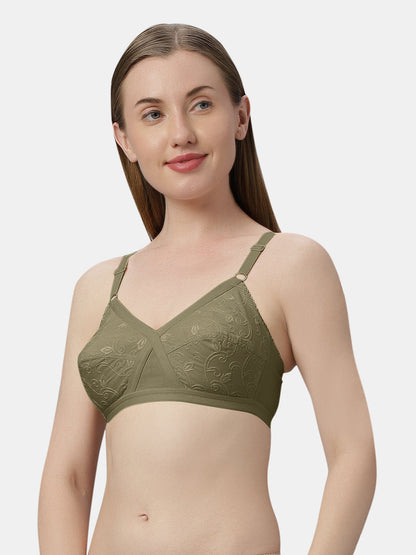 Non Padded Embroidered Cotton Bra WireFree Full Coverage Adjustable Straps Hook and Eye Closure - Unique