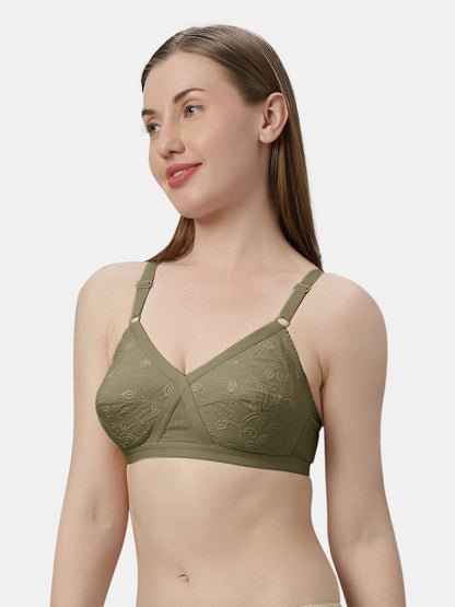 Non Padded Embroidered Cotton Bra WireFree Full Coverage Adjustable Straps Hook and Eye Closure - Unique