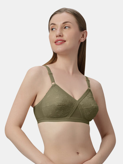 Non Padded Embroidered Cotton Bra WireFree Full Coverage Adjustable Straps Hook and Eye Closure - Unique