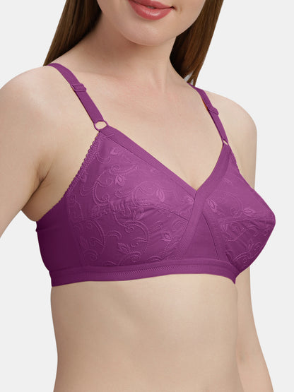 Non Padded Embroidered Cotton Bra WireFree Full Coverage Adjustable Straps Hook and Eye Closure - Unique