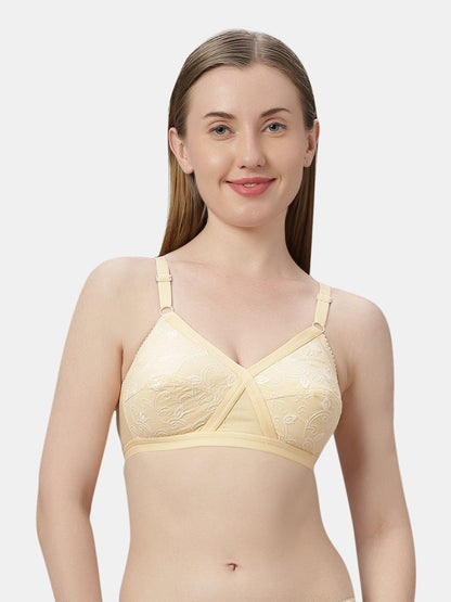 Non Padded Embroidered Cotton Bra WireFree Full Coverage Adjustable Straps Hook and Eye Closure - Unique