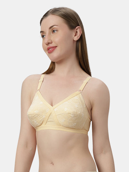 Non Padded Embroidered Cotton Bra WireFree Full Coverage Adjustable Straps Hook and Eye Closure - Unique