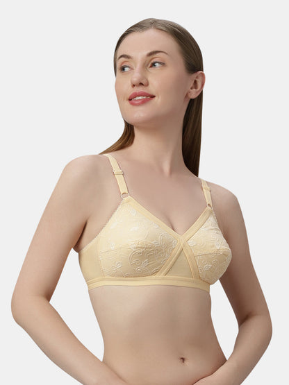 Non Padded Embroidered Cotton Bra WireFree Full Coverage Adjustable Straps Hook and Eye Closure - Unique