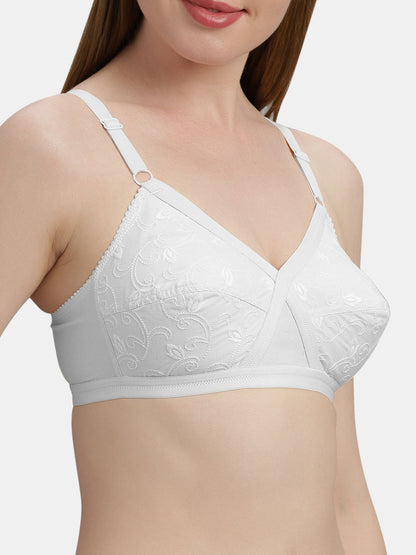Non Padded Embroidered Cotton Bra WireFree Full Coverage Adjustable Straps Hook and Eye Closure - Unique