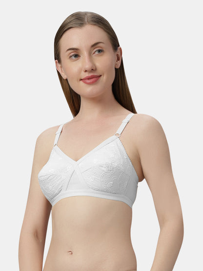 Non Padded Embroidered Cotton Bra WireFree Full Coverage Adjustable Straps Hook and Eye Closure - Unique