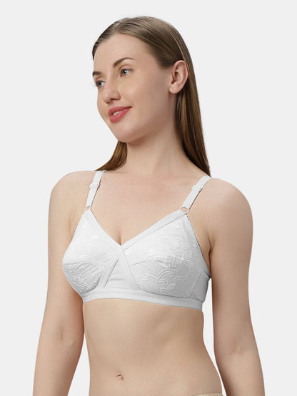 Non Padded Embroidered Cotton Bra WireFree Full Coverage Adjustable Straps Hook and Eye Closure - Unique