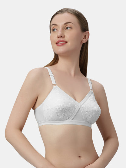 Non Padded Embroidered Cotton Bra WireFree Full Coverage Adjustable Straps Hook and Eye Closure - Unique